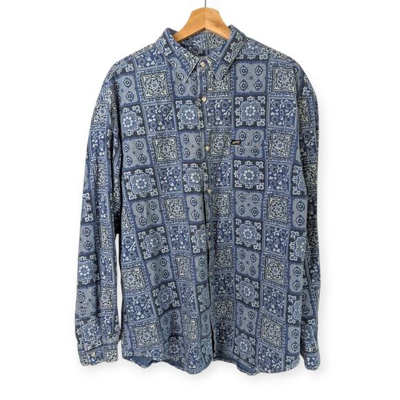 Vintage GUESS USA Denim Shirt 80s 90s ~ Tile print long sleeve snap front - Picture 1 of 7